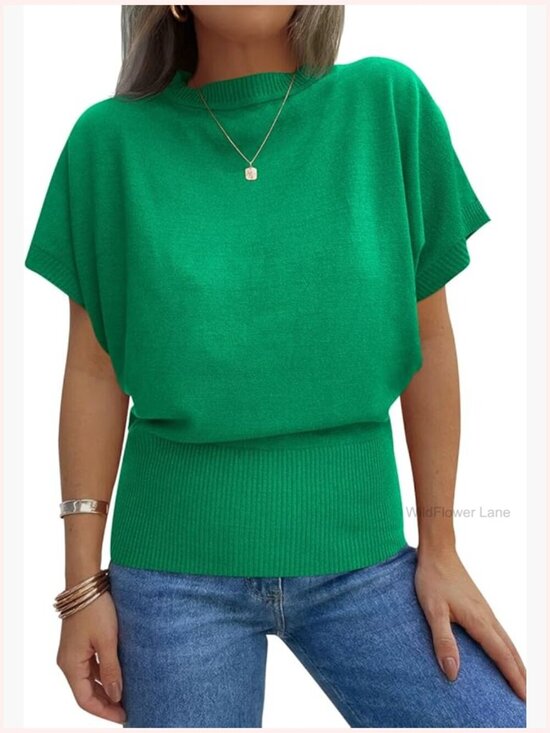 Sweaters - Batwing Short Sleeve Sweater Crew Neck Cinched Waist Ribbed Knit Summer Pullover